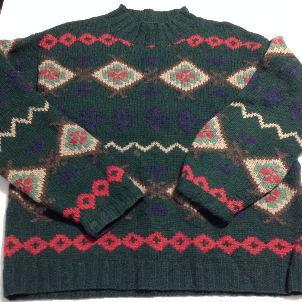 Talbots Sweater Womens L Green Wool Blend Southwestern Fair Isle Geometric Vtg